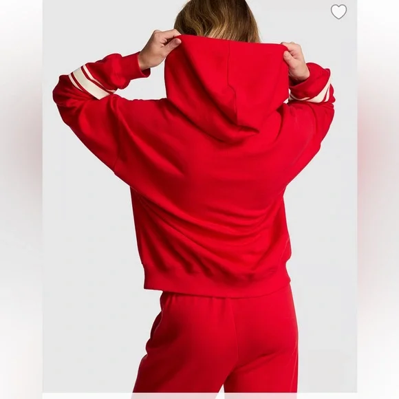 Pink by Victoria Secret Ivy Fleece Campus Hoodie Bright Vermillion, Size XS - Picture 2 of 16